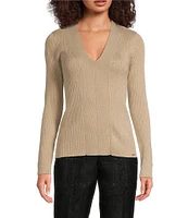 Calvin Klein Metallic Knit V-Neck Long Sleeve Top