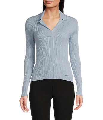 Calvin Klein Metallic Notch Collar V-Neck Long Sleeve Sweater