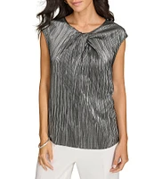 Calvin Klein Metallic Plisse Twisted Crew Neck Cap Sleeve Blouse