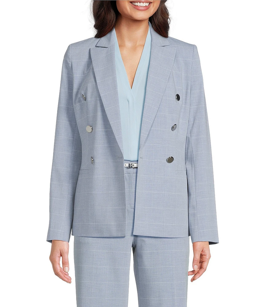 Calvin Klein Notch Collar Long Sleeve Windowpane Double Breasted Jacket