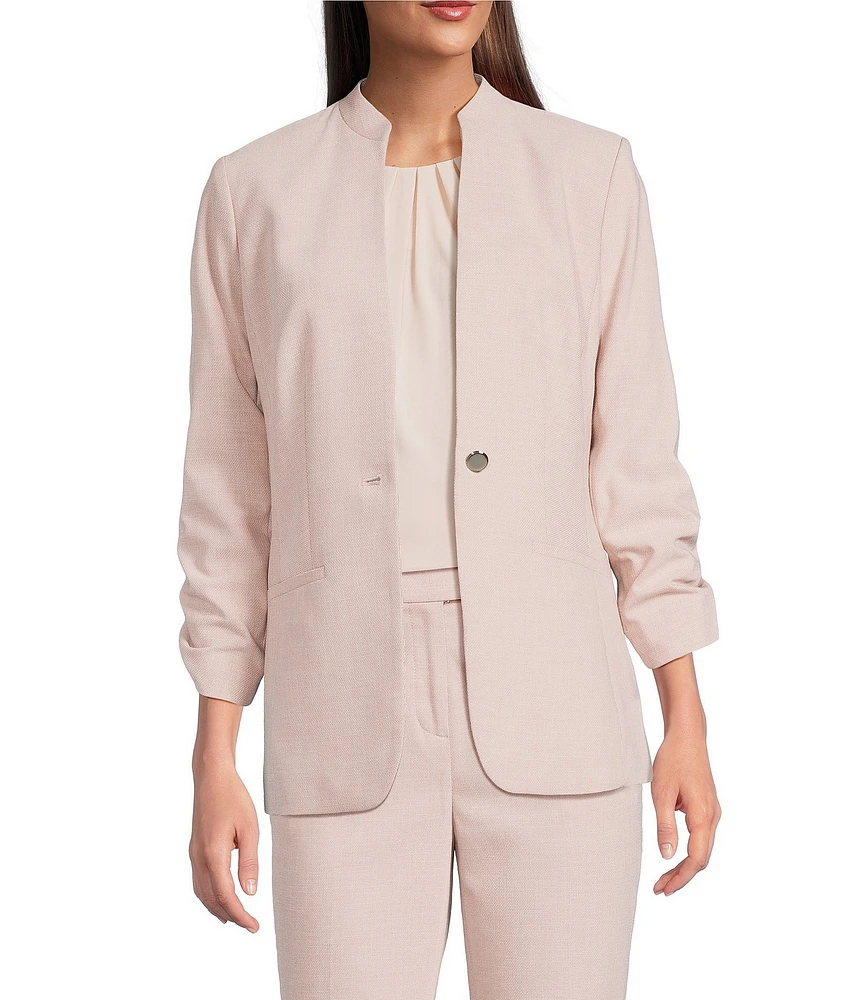 Calvin Klein Novelty Stand Collar 3/4 Sleeve One-Button Front Jacket