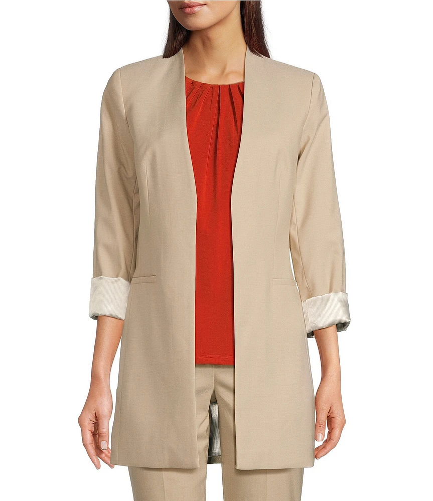 Calvin Klein Open Front 3/4 Roll Sleeve Collarless Blazer Jacket