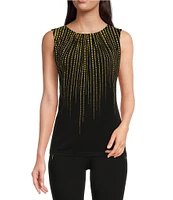 Calvin Klein Petite Size Dotted Striped Print Matte Jersey Pleated Crew Neck Sleeveless Top