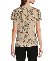 Calvin Klein Petite Size Floral Print Matte Knit Jersey Short Flutter Sleeve V-Neck Top