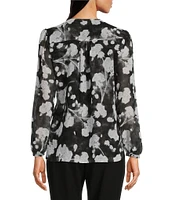 Calvin Klein Petite Size Floral Print V-Neck Long Puffed Sleeve Pleated Blouse