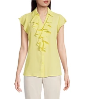 Calvin Klein Petite Size Georgette Point Collar V-Neck Short Sleeve Ruffled Button Front Top