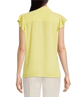 Calvin Klein Petite Size Georgette Point Collar V-Neck Short Sleeve Ruffled Button Front Top