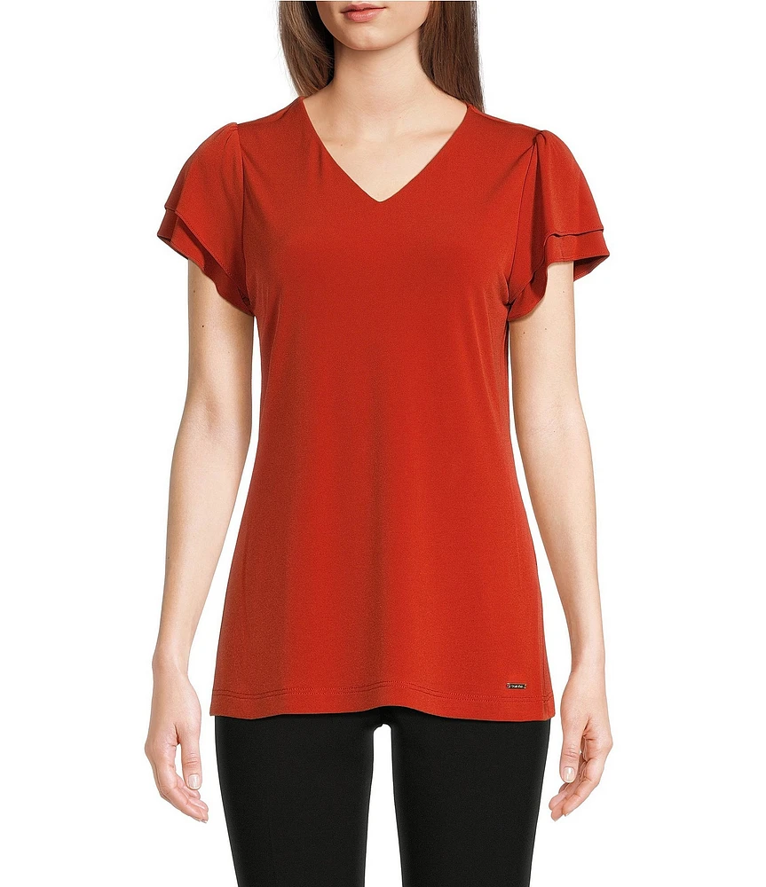 Calvin Klein Petite Size Knit Matte Jersey Short Flutter Sleeve V-Neck Top