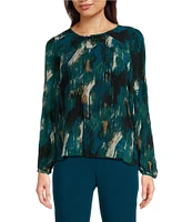 Calvin Klein Petite Size Printed Crew Neck Long Sleeve Chiffon Micro Accordion Pleated Top