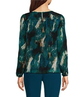 Calvin Klein Petite Size Printed Crew Neck Long Sleeve Chiffon Micro Accordion Pleated Top