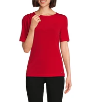 Calvin Klein Petite Size Solid Crew Neck Elbow Sleeve Draped Top