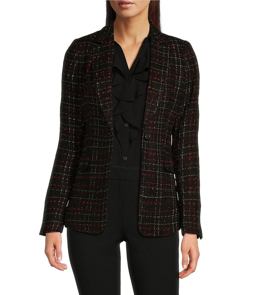 Calvin Klein Petite Size Stripe Notch Lapel Long Sleeve Pocketed One Button Tweed Jacket