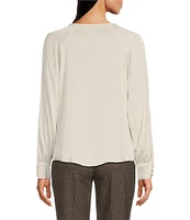 Calvin Klein Petite Size Woven Pleated Keyhole Crew Neck Long Sleeve Blouse