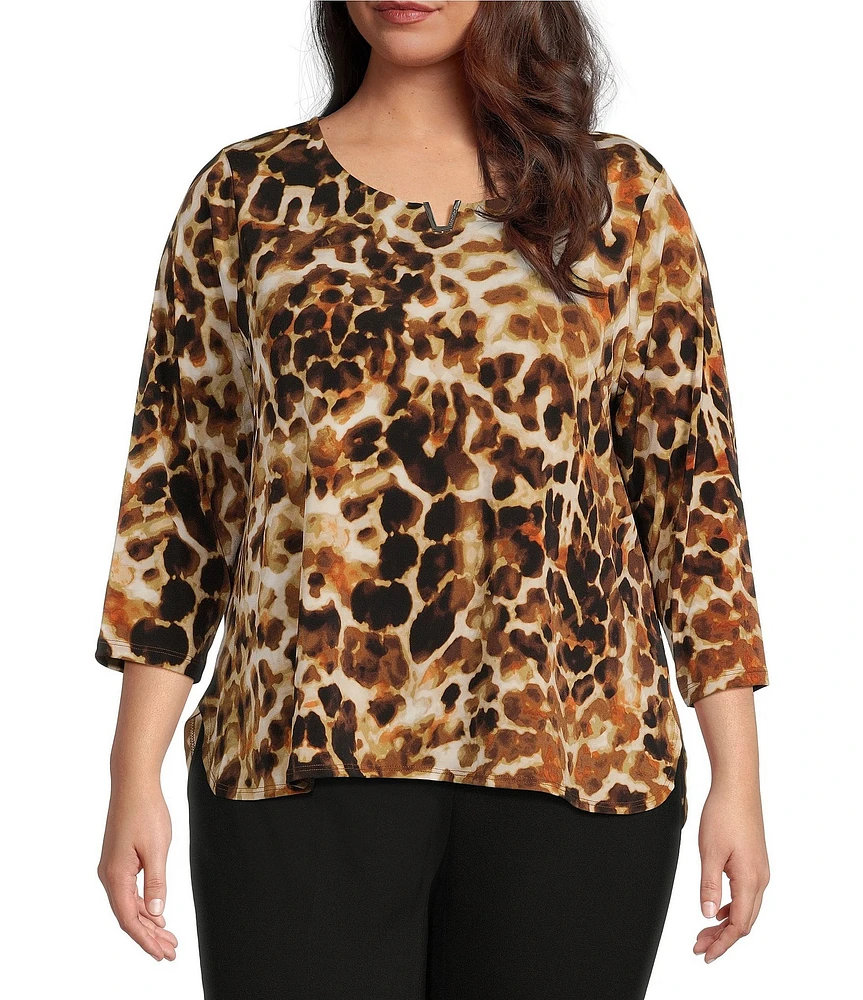 Calvin Klein Plus Size Animal Print Notch Neck 3/4 Sleeve Knit Top