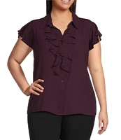 Calvin Klein Plus Size Collared V-Neck Flutter Cap Sleeve Cascading Ruffle Button Front Top