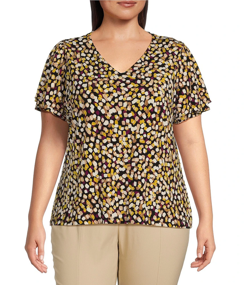 Calvin Klein Plus Size Abstract Confetti Print Matte Jersey V-Neck Short Short Flutter Sleeve Top