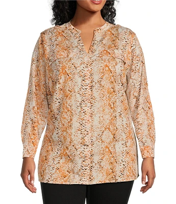 Calvin Klein Plus Size Crepe de Chine Snakeskin Print Split V-Neck Roll-Tab Sleeve Button Front Blouse