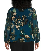 Calvin Klein Plus Size Floral Chiffon Long Sleeve Asymmetrical Neck Top