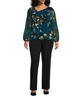 Calvin Klein Plus Size Floral Chiffon Long Sleeve Asymmetrical Neck Top