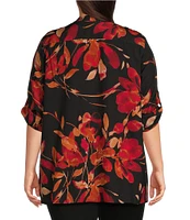 Calvin Klein Plus Size Floral Print Crepe de Chine Y-Neck Long Roll-Tab Sleeve Button Front Top