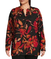 Calvin Klein Plus Size Floral Print Crepe de Chine Y-Neck Long Roll-Tab Sleeve Button Front Top