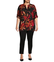 Calvin Klein Plus Size Floral Print Crepe de Chine Y-Neck Long Roll-Tab Sleeve Button Front Top