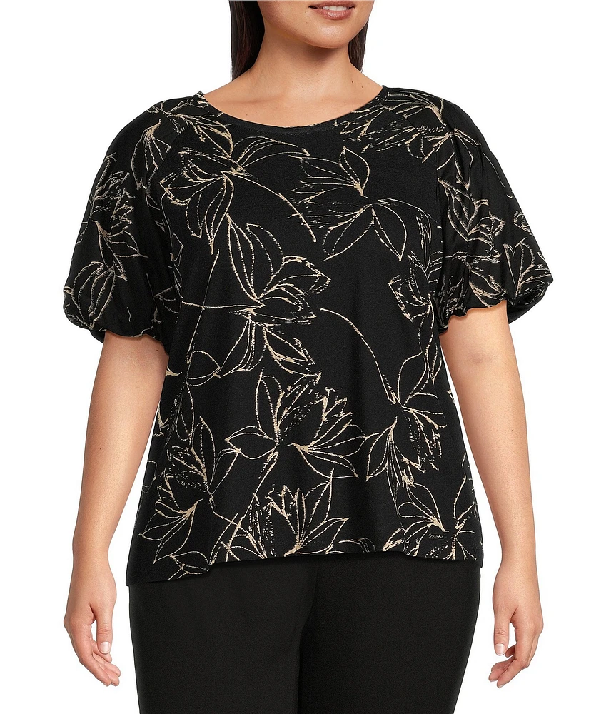 Calvin Klein Plus Size Floral Print Knit Jersey Crew Neck Poplin-Puff Sleeve Top