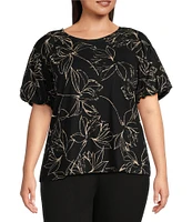 Calvin Klein Plus Size Floral Print Knit Jersey Crew Neck Poplin-Puff Sleeve Top