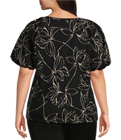 Calvin Klein Plus Size Floral Print Knit Jersey Crew Neck Poplin-Puff Sleeve Top