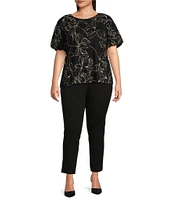 Calvin Klein Plus Size Floral Print Knit Jersey Crew Neck Poplin-Puff Sleeve Top