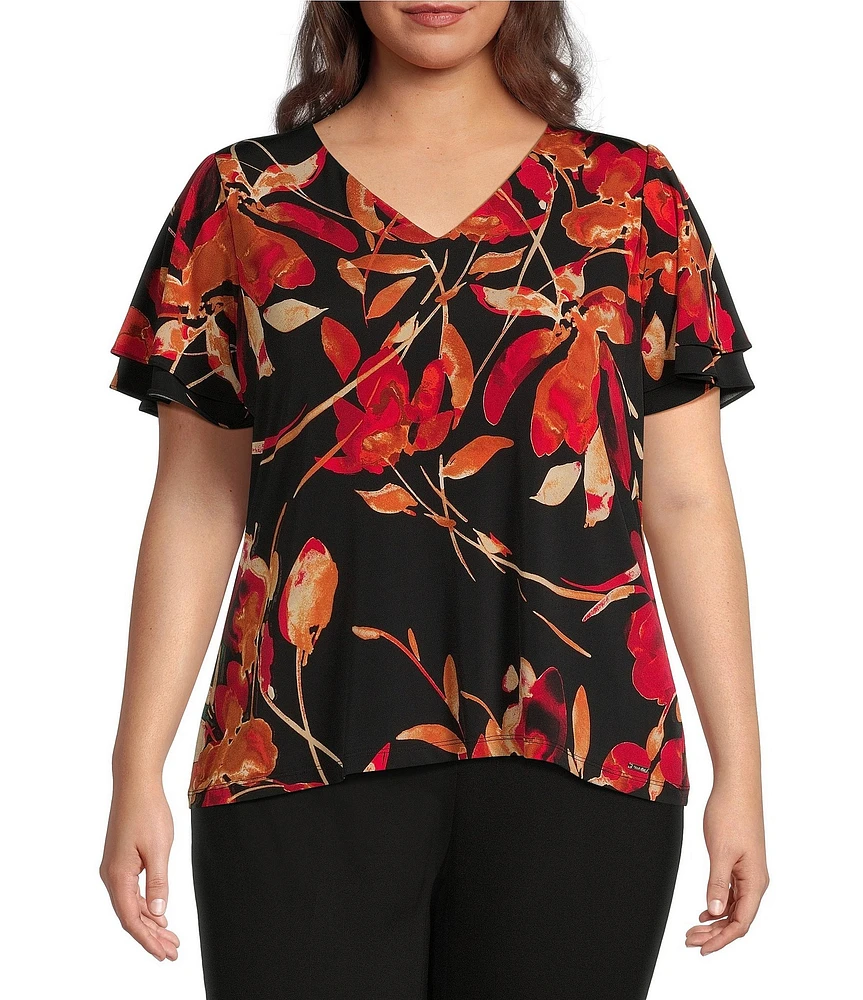 Calvin Klein Plus Size Floral Print Matte Knit Jersey Short Flutter Sleeve V-Neck Top