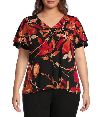 Calvin Klein Plus Size Floral Print Matte Knit Jersey Short Flutter Sleeve V-Neck Top