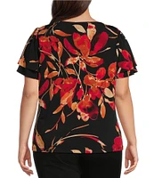 Calvin Klein Plus Size Floral Print Matte Knit Jersey Short Flutter Sleeve V-Neck Top