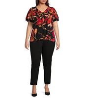 Calvin Klein Plus Size Floral Print Matte Knit Jersey Short Flutter Sleeve V-Neck Top