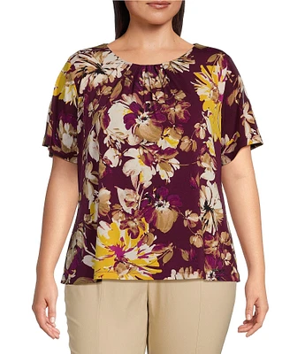 Calvin Klein Plus Size Floral Print Short Sleeve Pleat Neck Cami Top