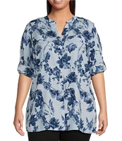 Calvin Klein Plus Size Floral Print V Neckline Long Sleeve Roll Tab Top