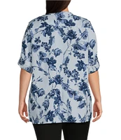 Calvin Klein Plus Size Floral Print V Neckline Long Sleeve Roll Tab Top