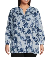 Calvin Klein Plus Size Floral Print V Neckline Long Sleeve Roll Tab Top