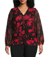 Calvin Klein Plus Size Floral V-Neck Long Sleeve Gathered Front Top