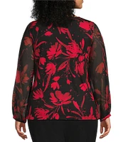 Calvin Klein Plus Size Floral V-Neck Long Sleeve Gathered Front Top