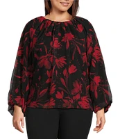 Calvin Klein Plus Size Floral Woven Shirred Crew Neck Long Sleeve Top