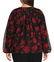 Calvin Klein Plus Size Floral Woven Shirred Crew Neck Long Sleeve Top