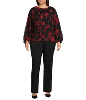 Calvin Klein Plus Size Floral Woven Shirred Crew Neck Long Sleeve Top