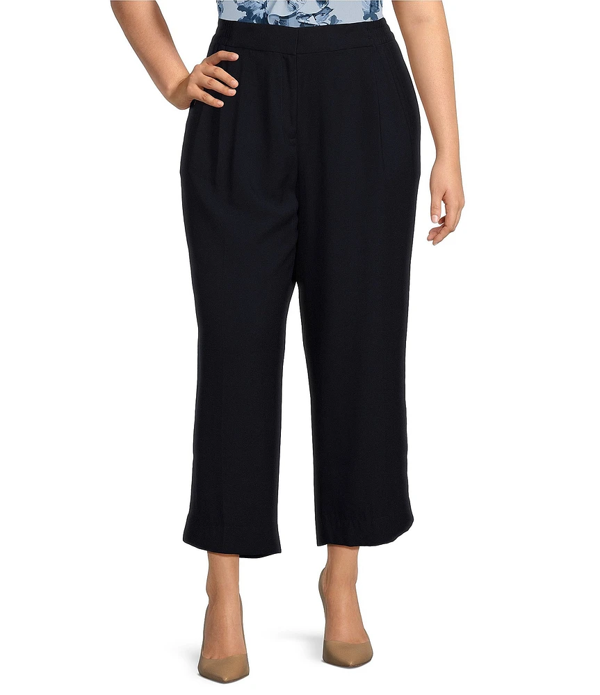 Calvin Klein Plus Size High Rise Pleated Smocked Waist Side Pocket Straight Leg Cropped Pants