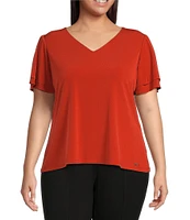 Calvin Klein Plus Size Knit Matte Jersey Short Flutter Sleeve V-Neck Top