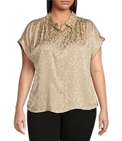 Calvin Klein Plus Size Leopard Jacquard Point Collar Short Cuffed Sleeve Pleated Shoulder Button-Front Blouse