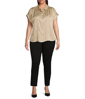 Calvin Klein Plus Size Leopard Jacquard Point Collar Short Cuffed Sleeve Pleated Shoulder Button-Front Blouse