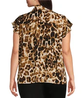 Calvin Klein Plus Size Leopard Print Collared Ruffle Front Cap Sleeve Woven Top