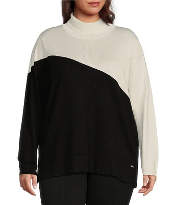 Calvin Klein Plus Size Long Sleeve Turtleneck Asymmetrical Colorblock Sweater