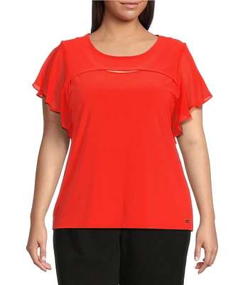 Calvin Klein Plus Size Matte Jersey Chiffon Short Flutter Sleeve Cut-Out Top